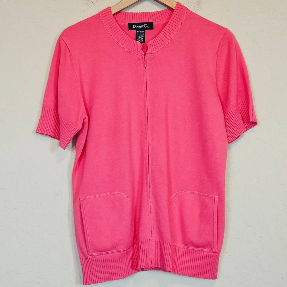 Denim & Co Pink Short Sleeve Zip Up Sweater Cardigan Barbiecore Vintage Sz Med